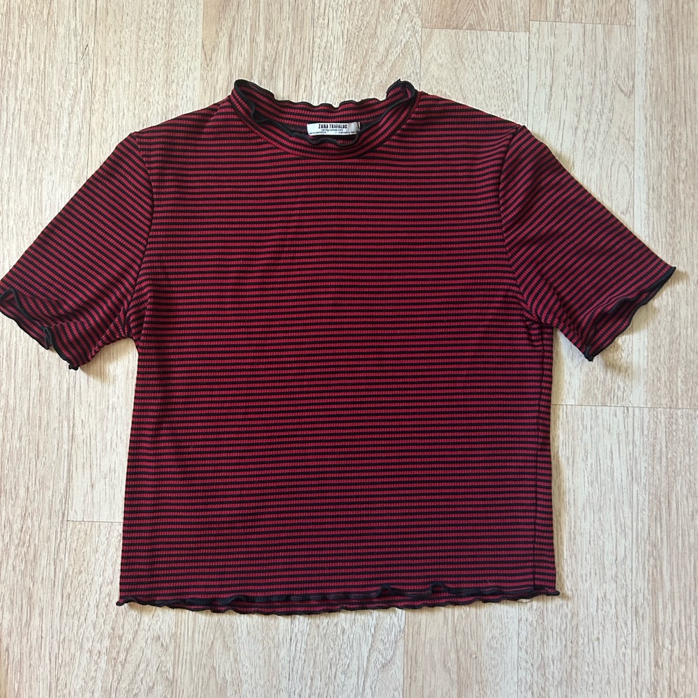 ZARA Trafaluc Red & Black Striped Lettuce Hem Top (Size L)
